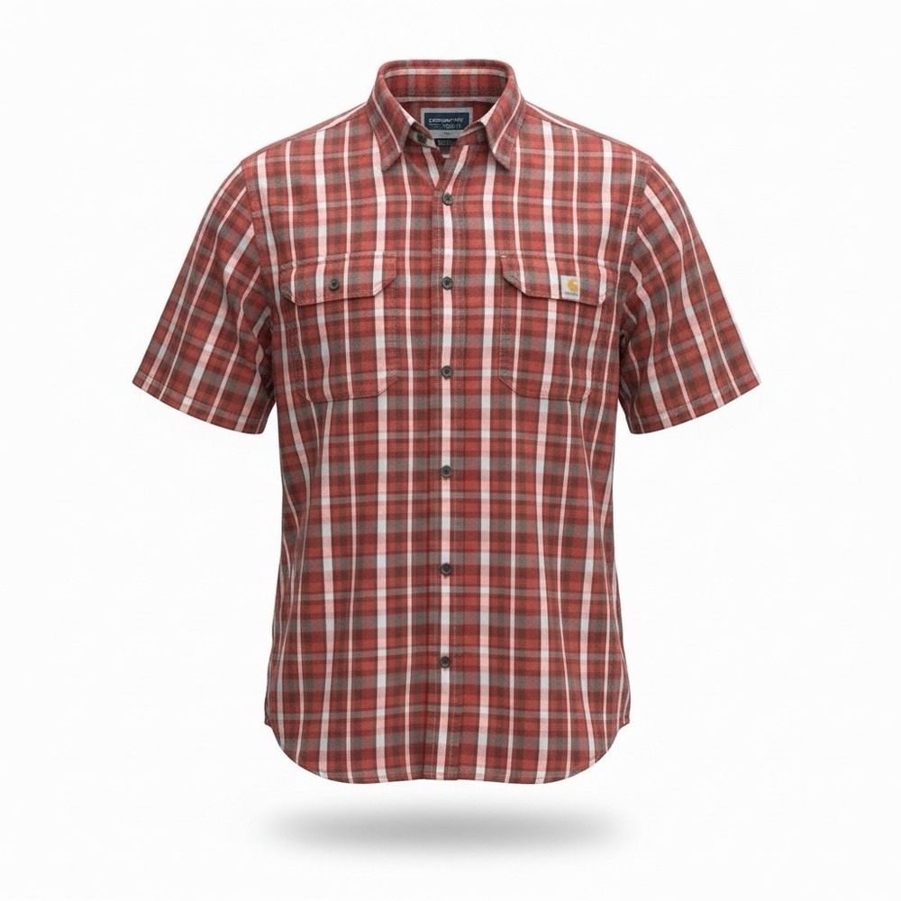 Carhartt Plaid Shirt Men's Large Tall Red Short Sleeve Loose Fit